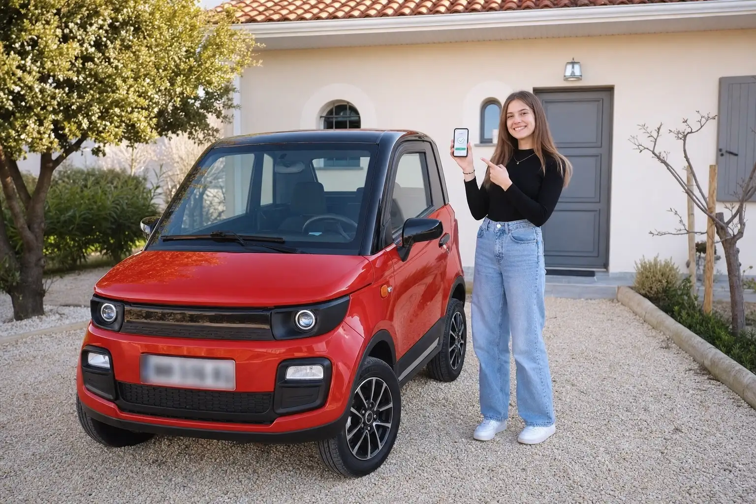 Conducteur souriant obtenant un devis d'assurance voiture sans permis sur son smartphone devant sa voiturette