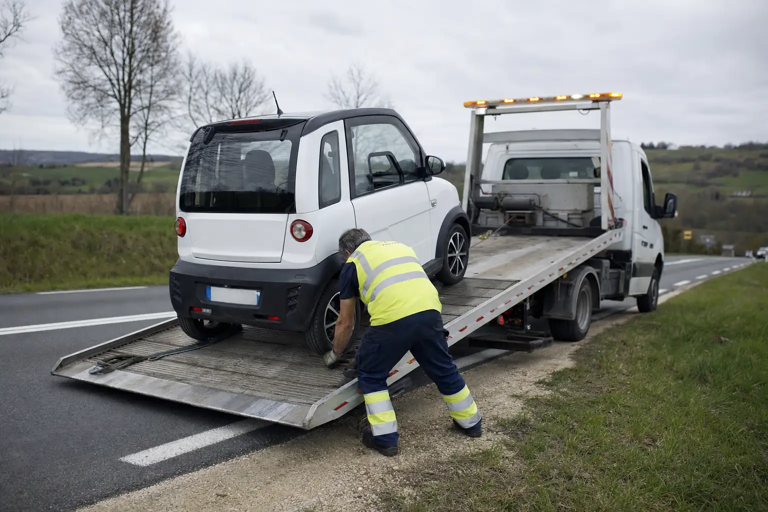 Voiture sans permis chargée sur le plateau d'une dépanneuse au bord d'une route de campagne