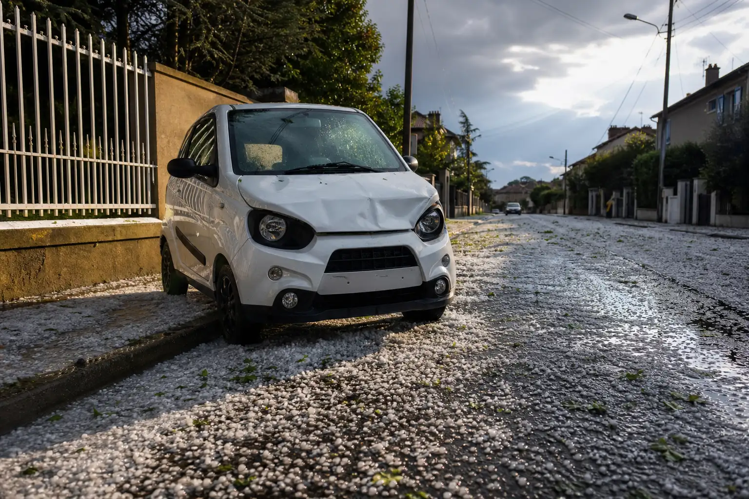 Voiture sans permis couverte de grêlons dans une rue résidentielle française après un violent orage d'été