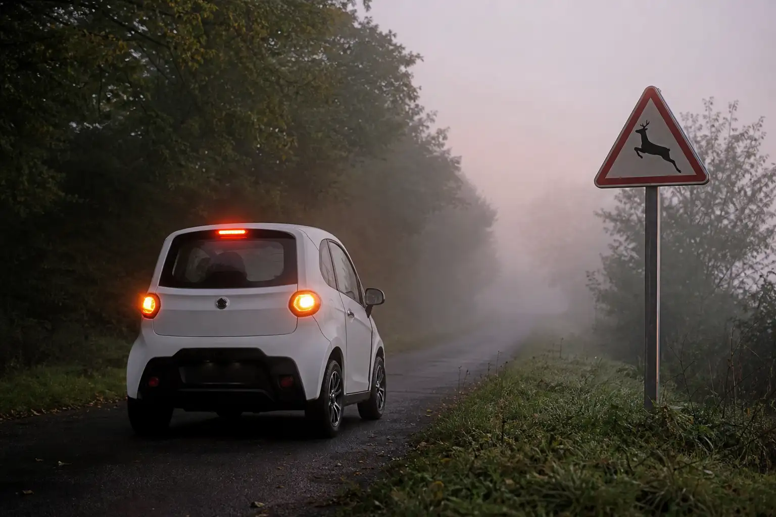 Voiture sans permis à l'arrêt sur une route de campagne au crépuscule, phares allumés, panneau de signalisation animaux sauvages en bordure de forêt