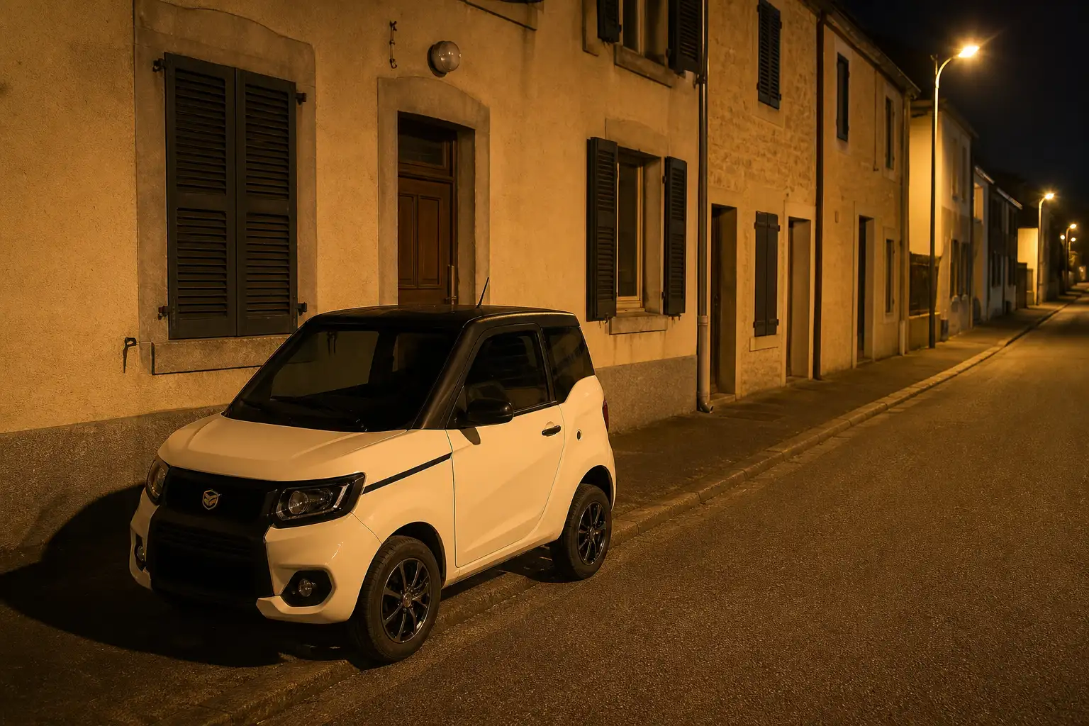 Voiture sans permis stationnée de nuit dans une rue résidentielle calme, éclairage public visible, quartier français paisible