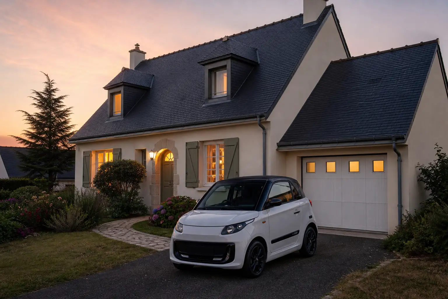 Maison individuelle française avec garage attenant, voiture sans permis garée à l'extérieur, lumière de fin de journée