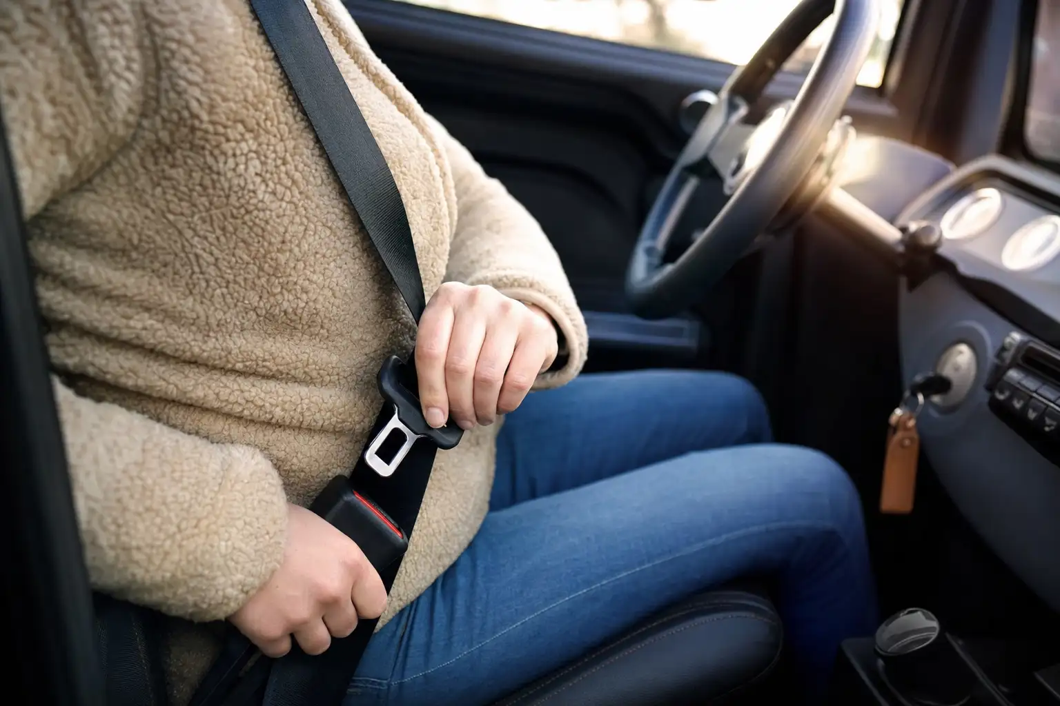 Conducteur au volant d'une voiture sans permis attachant sa ceinture de sécurité avant de démarrer