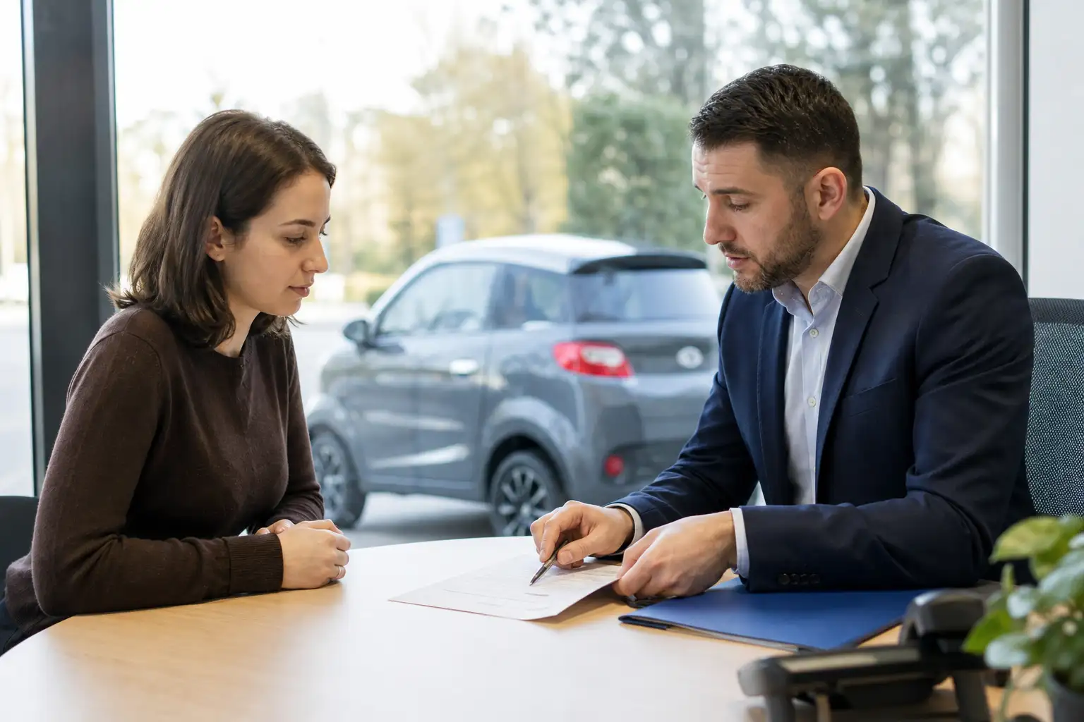 Conducteur consultant un document juridique à une table, voiture sans permis visible à travers la fenêtre, ambiance de conseil et d'accompagnement