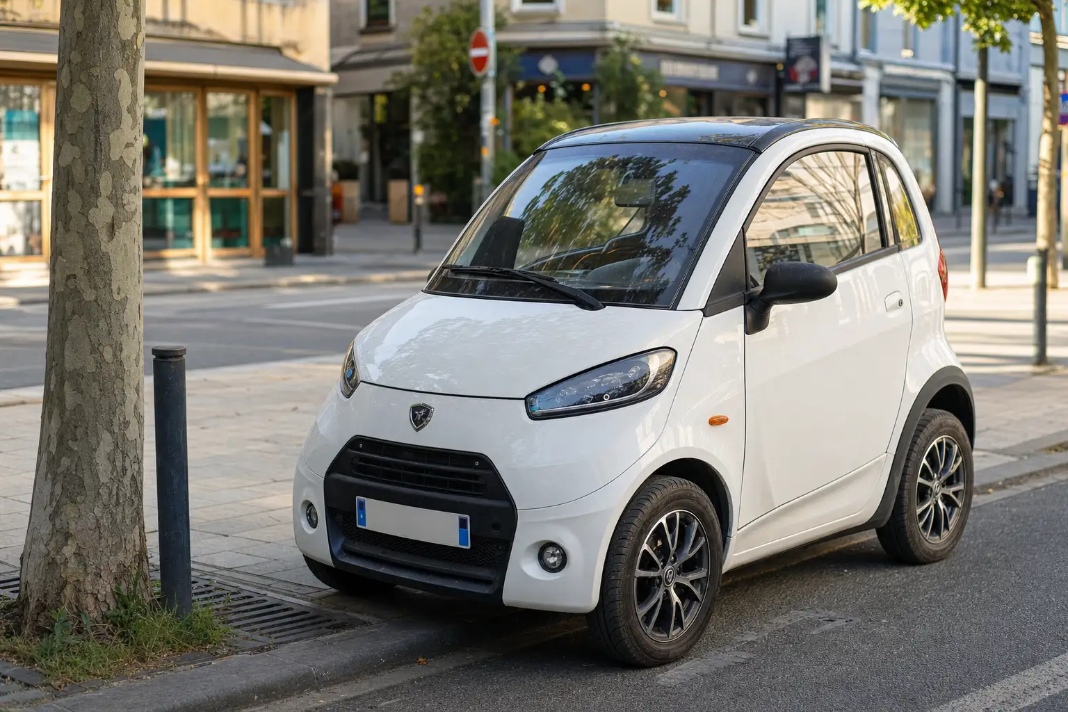 Voiture sans permis compacte stationnée le long d'un trottoir en ville, vue de trois quarts