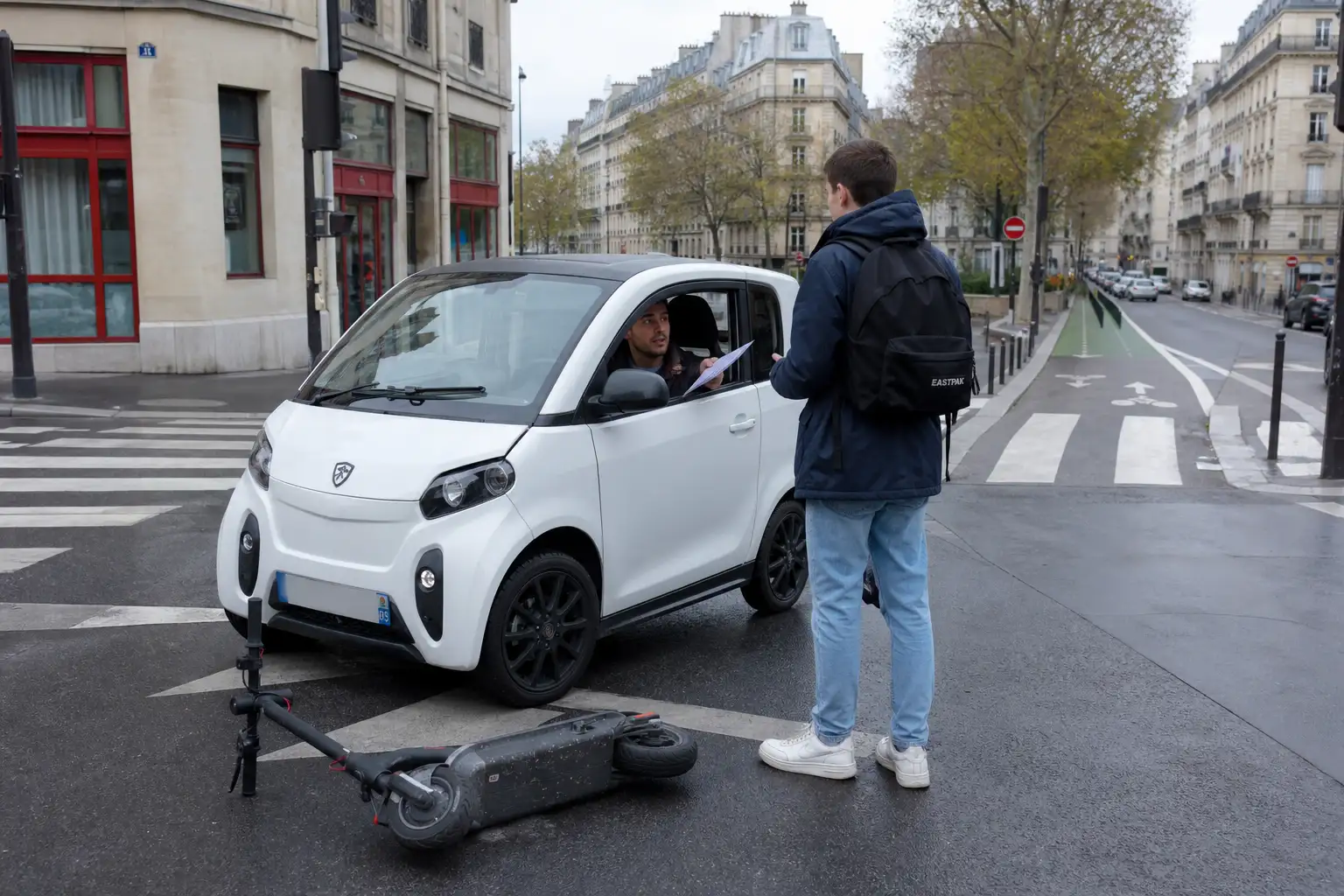 Voiture sans permis arrêtée à un carrefour urbain français, une trottinette électrique couchée sur la chaussée devant, deux personnes échangeant des documents
