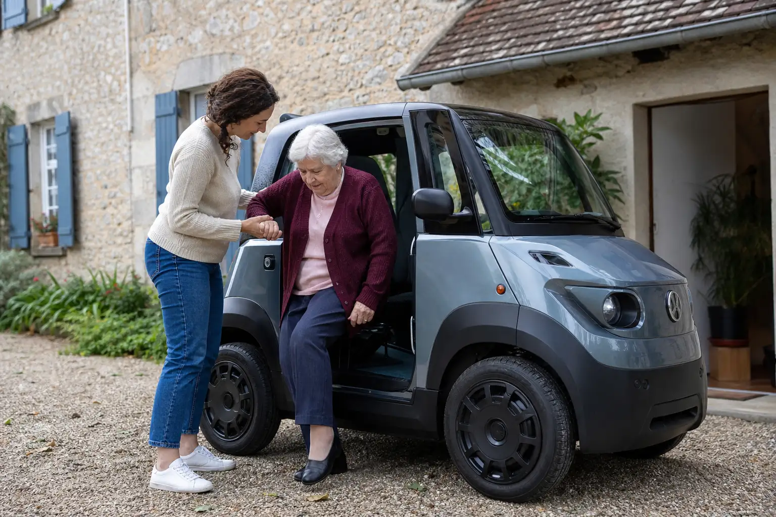 Une aide à domicile aidant une personne âgée à monter dans une voiture sans permis garée devant une maison, geste attentionné, lumière douce