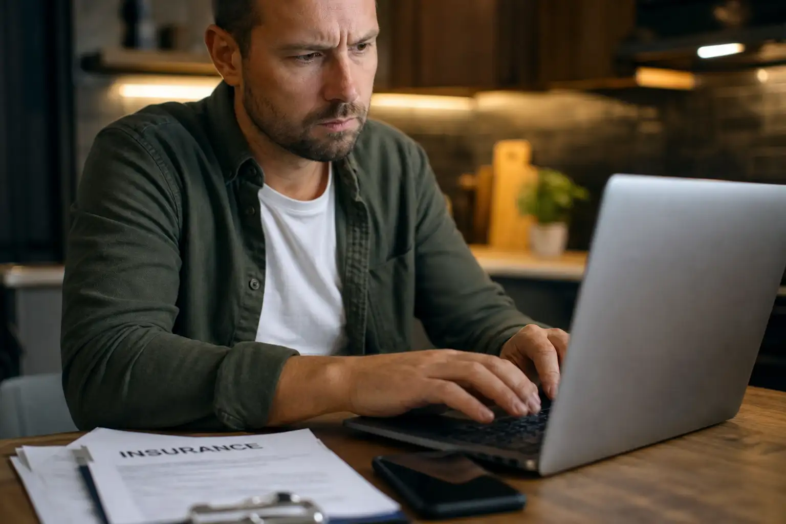 Personne consultant un site d'assurance sur un ordinateur portable, expression attentive, voiture sans permis floue visible par la fenêtre