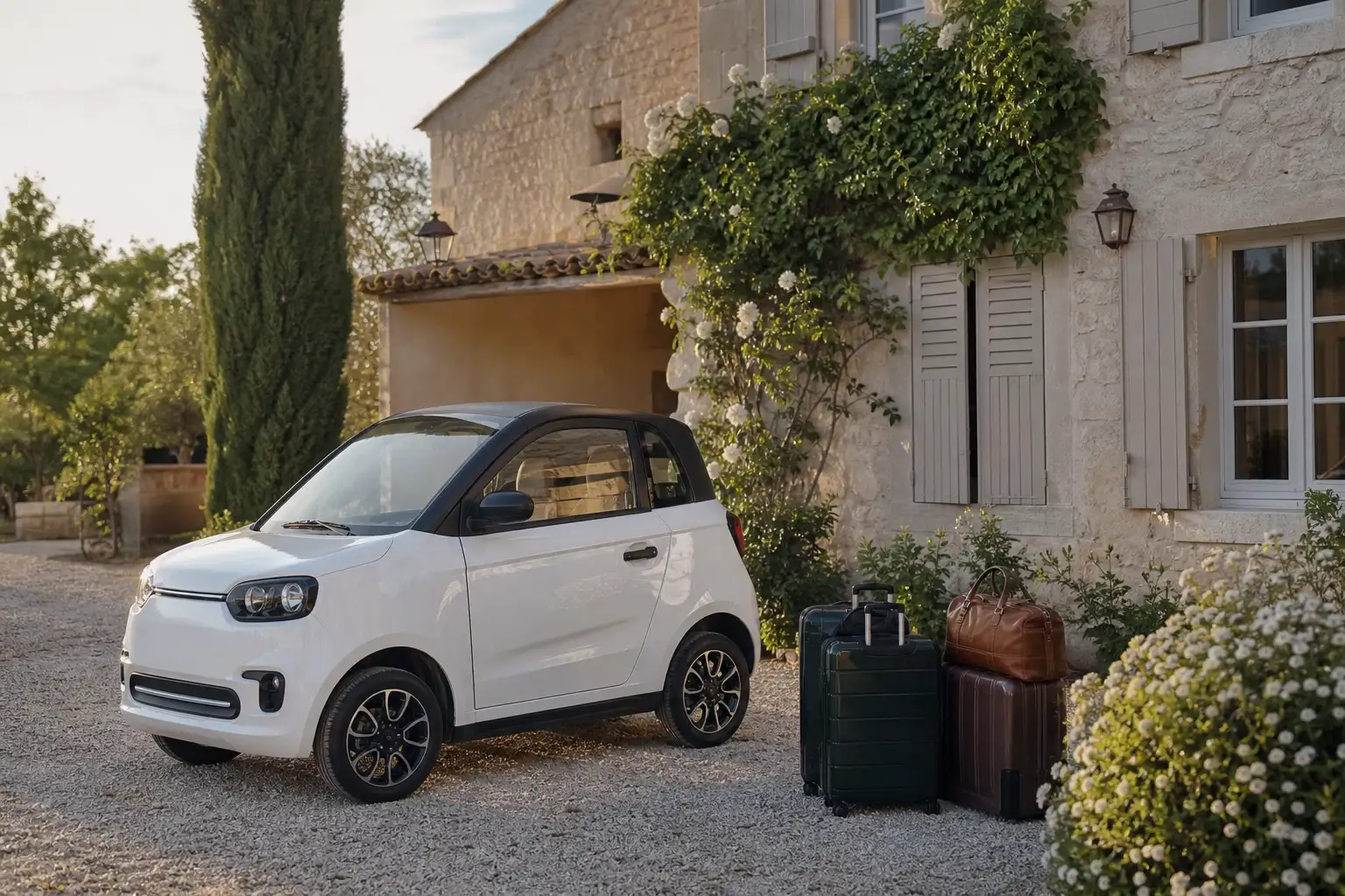 Voiturette garée devant une maison de vacances française, valises posées à côté, lumière d'été chaleureuse