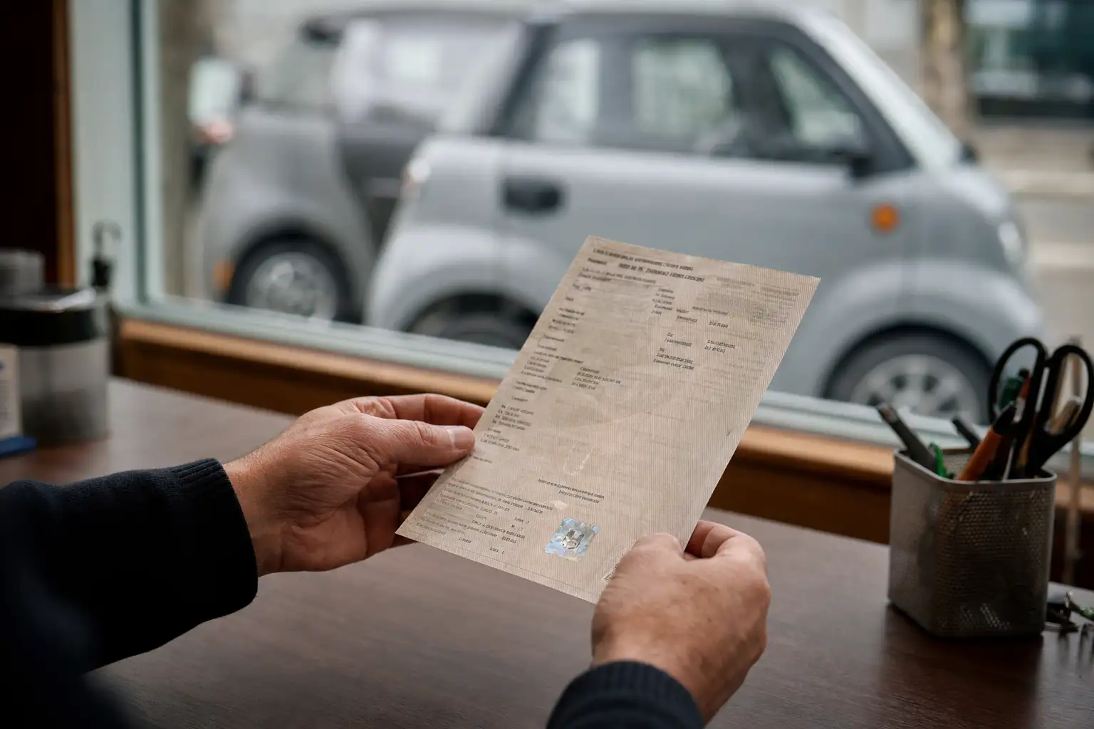 Conducteur consultant des documents d'immatriculation posés sur le capot d'une voiture sans permis