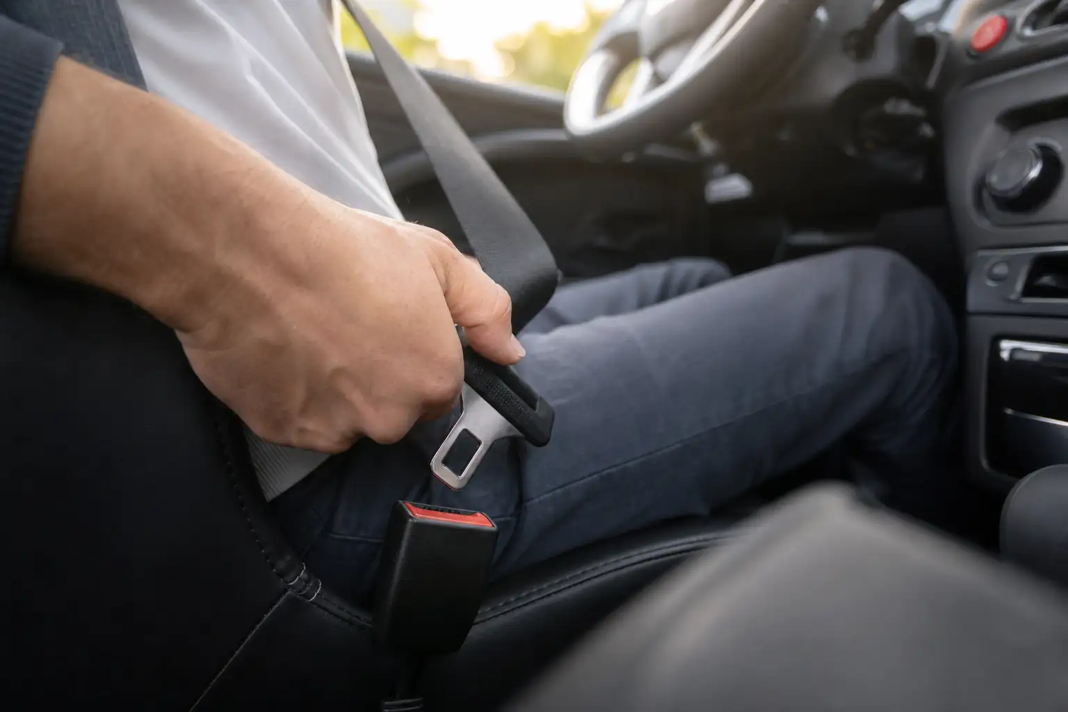 Intérieur d'une voiture sans permis, main attachant la ceinture de sécurité avant de démarrer, lumière douce du matin