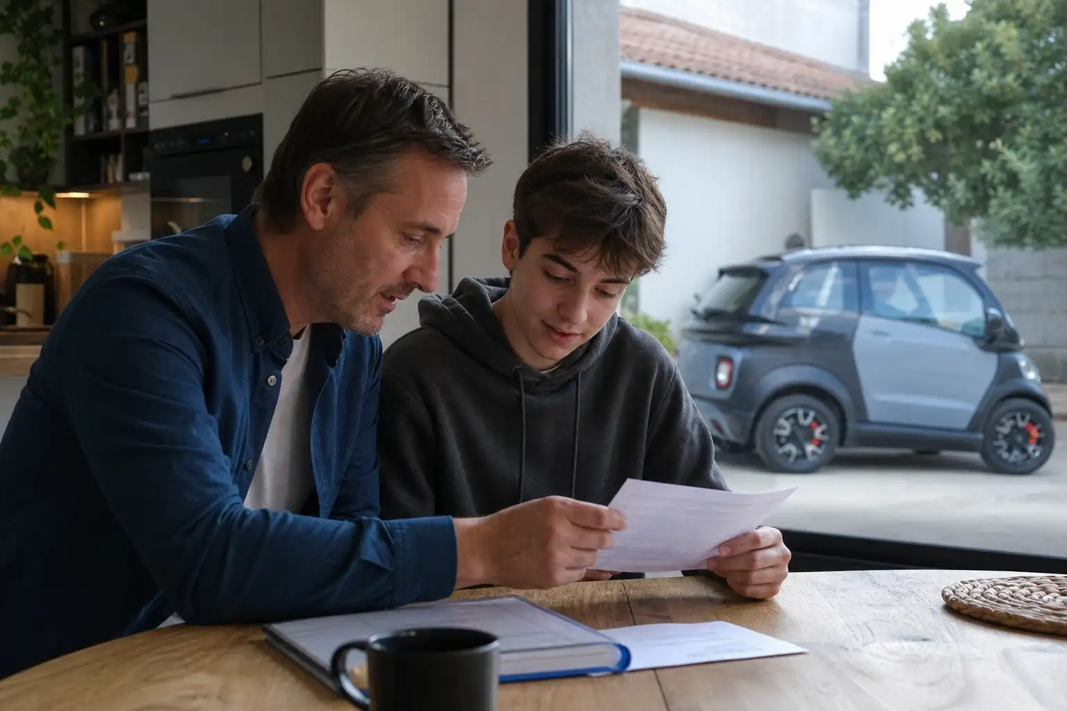 Deux membres d'une même famille consultant ensemble la carte grise d'une voiture sans permis, table de cuisine, ambiance domestique
