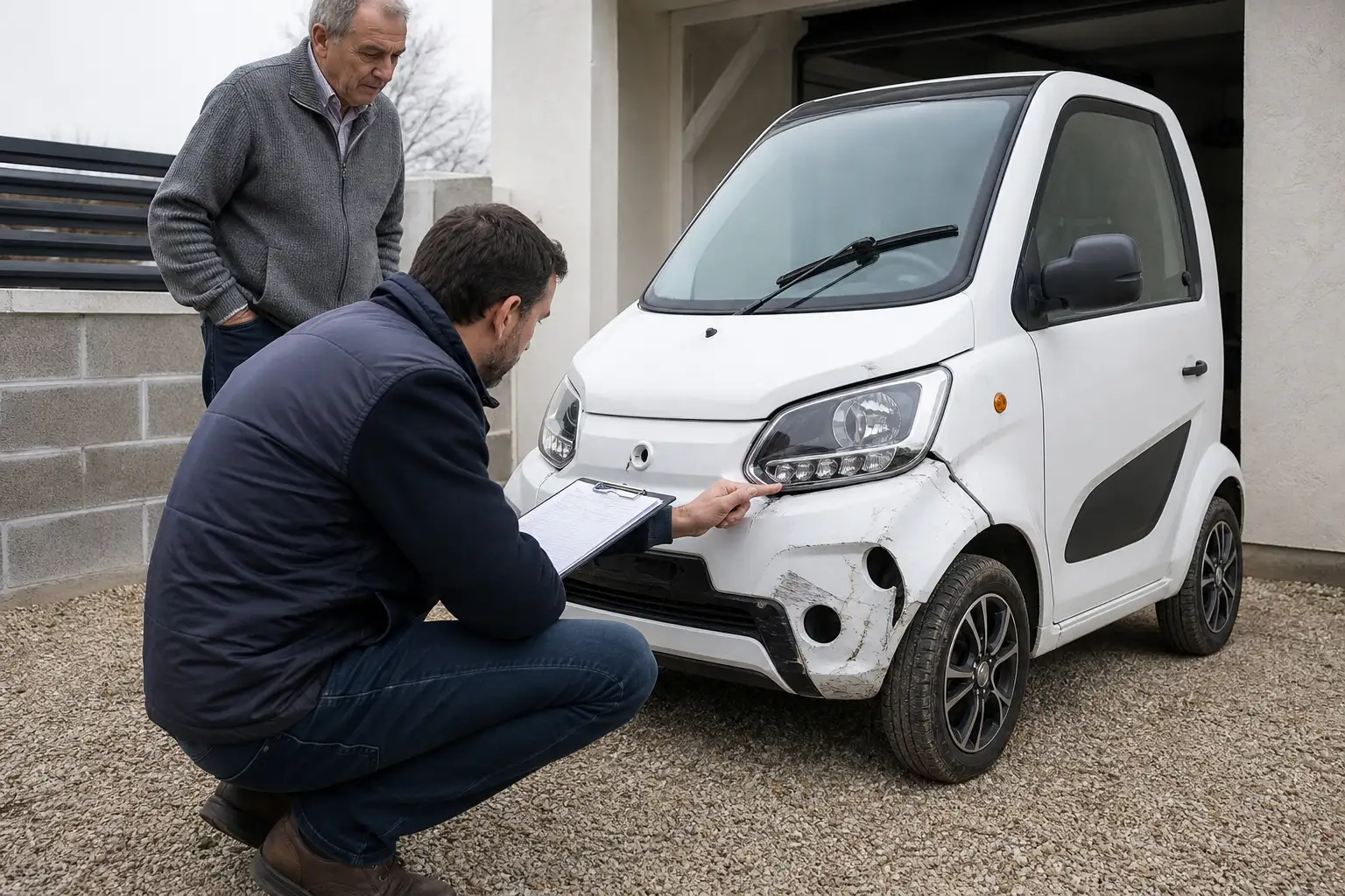 Propriétaire examinant un rapport d'expertise automobile aux côtés d'un expert indépendant, voiture sans permis endommagée visible à l'arrière-plan