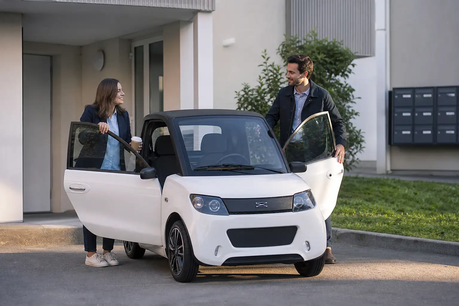 Deux collègues montant dans une voiture sans permis pour un trajet partagé, ambiance matinale devant un immeuble résidentiel