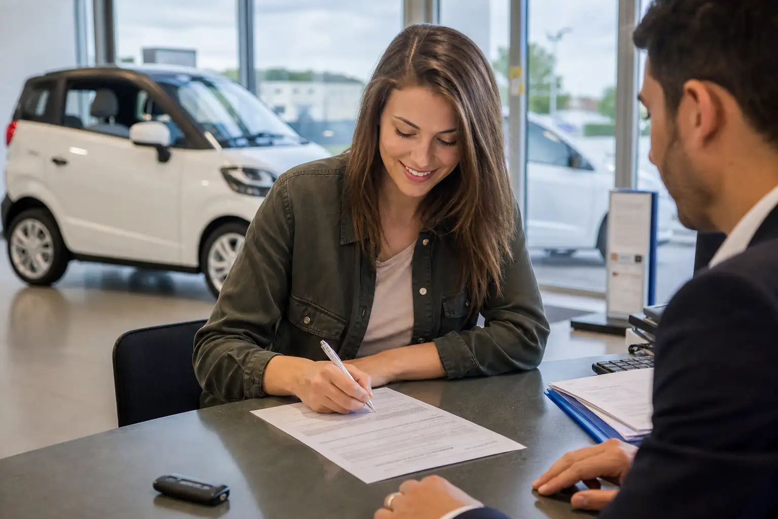 Personne signant un contrat de crédit auto chez un concessionnaire, voiture sans permis blanche visible à travers la vitrine