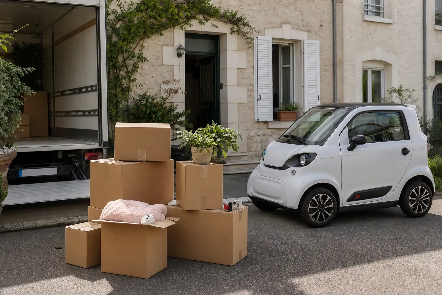 Cartons de déménagement empilés devant une maison, voiture sans permis garée dans l'allée à côté