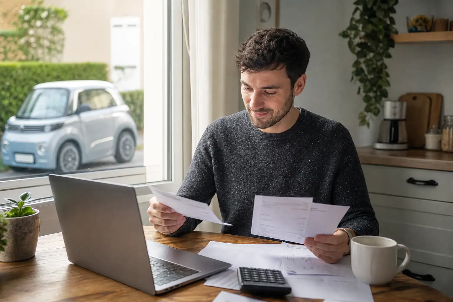 Personne consultant ses relevés bancaires à une table de cuisine, voiture sans permis visible à travers la fenêtre