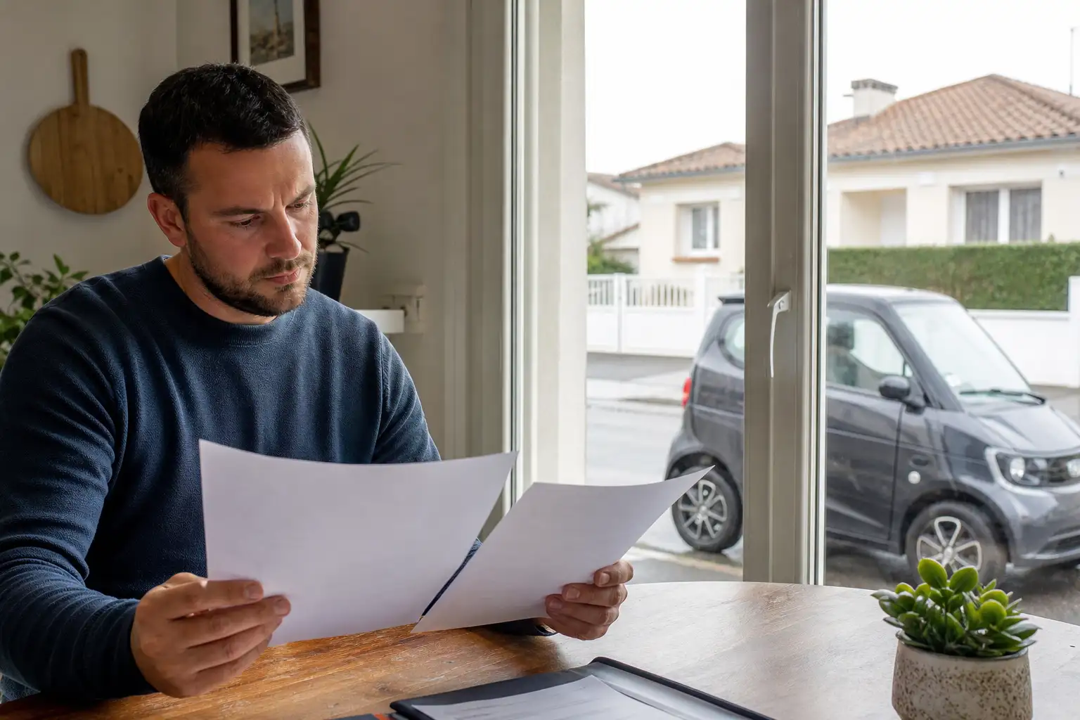Personne comparant deux contrats d'assurance sur une table, voiture sans permis visible à travers la fenêtre, expression concentrée