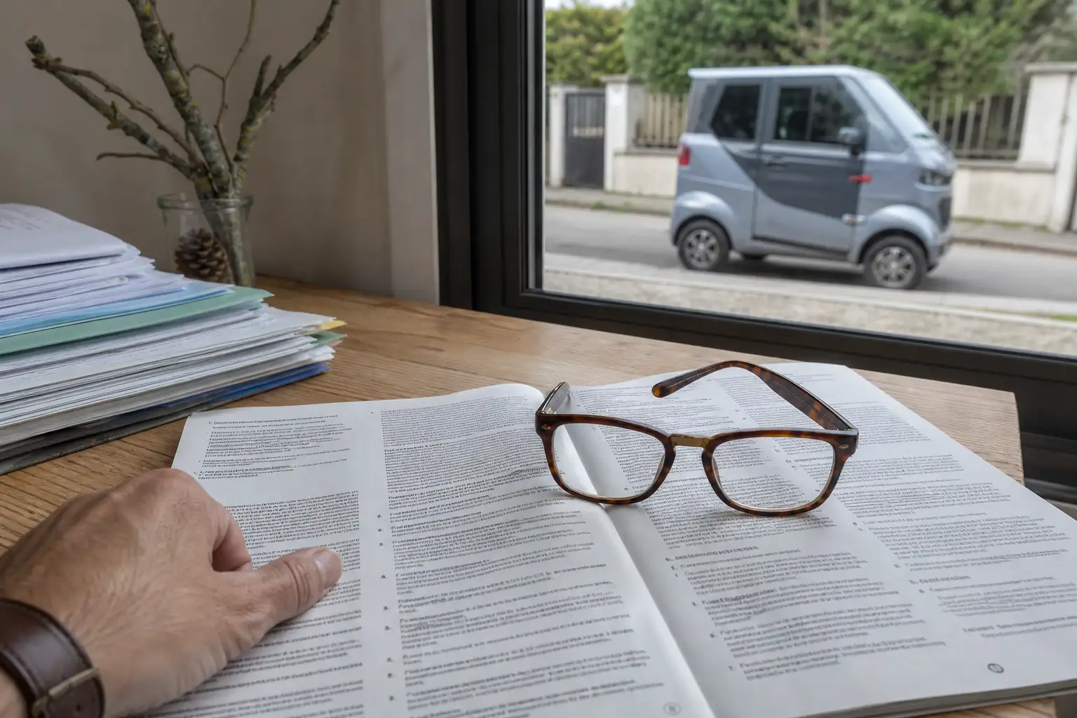 Document de conditions générales d'assurance ouvert sur une table, voiture sans permis visible à travers la fenêtre, ambiance de lecture attentive