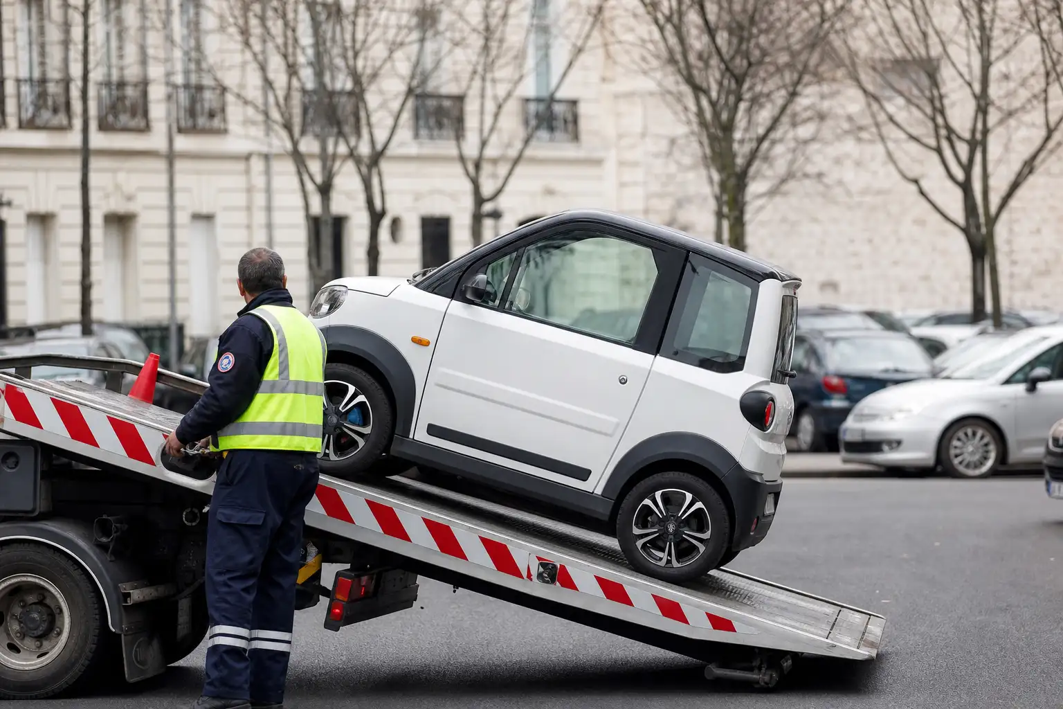 Voiture sans permis chargée sur un plateau de fourrière dans une rue française, agent municipal effectuant les vérifications