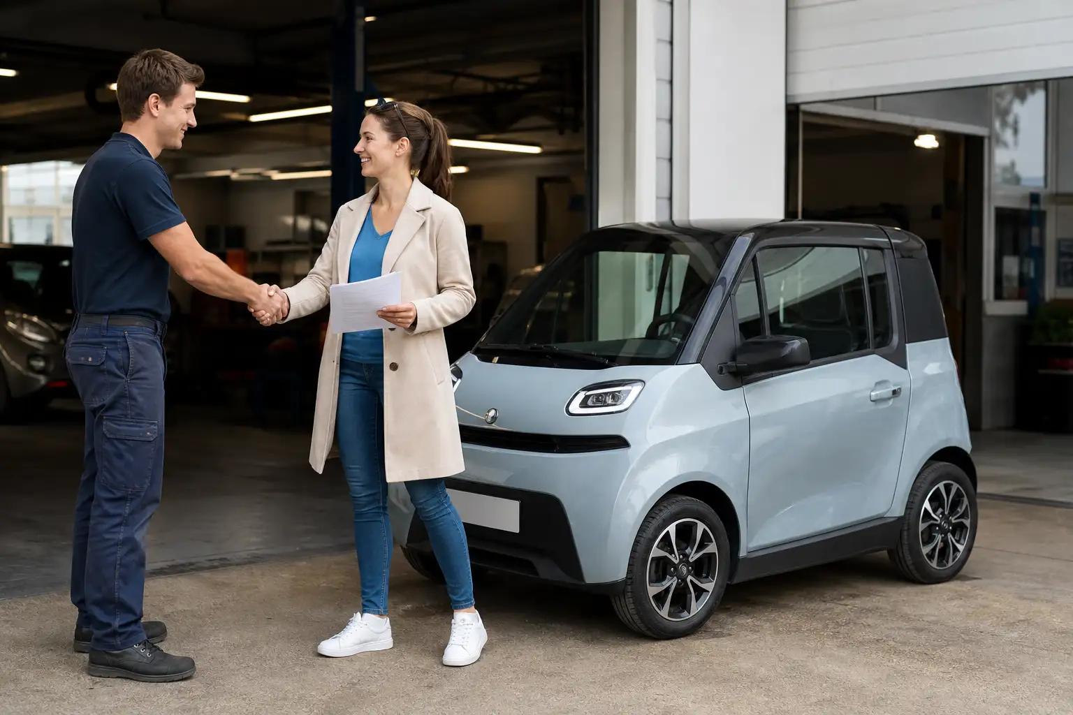 Personne récupérant sa voiture sans permis réparée chez un garagiste, documents à la main, échange avec le professionnel