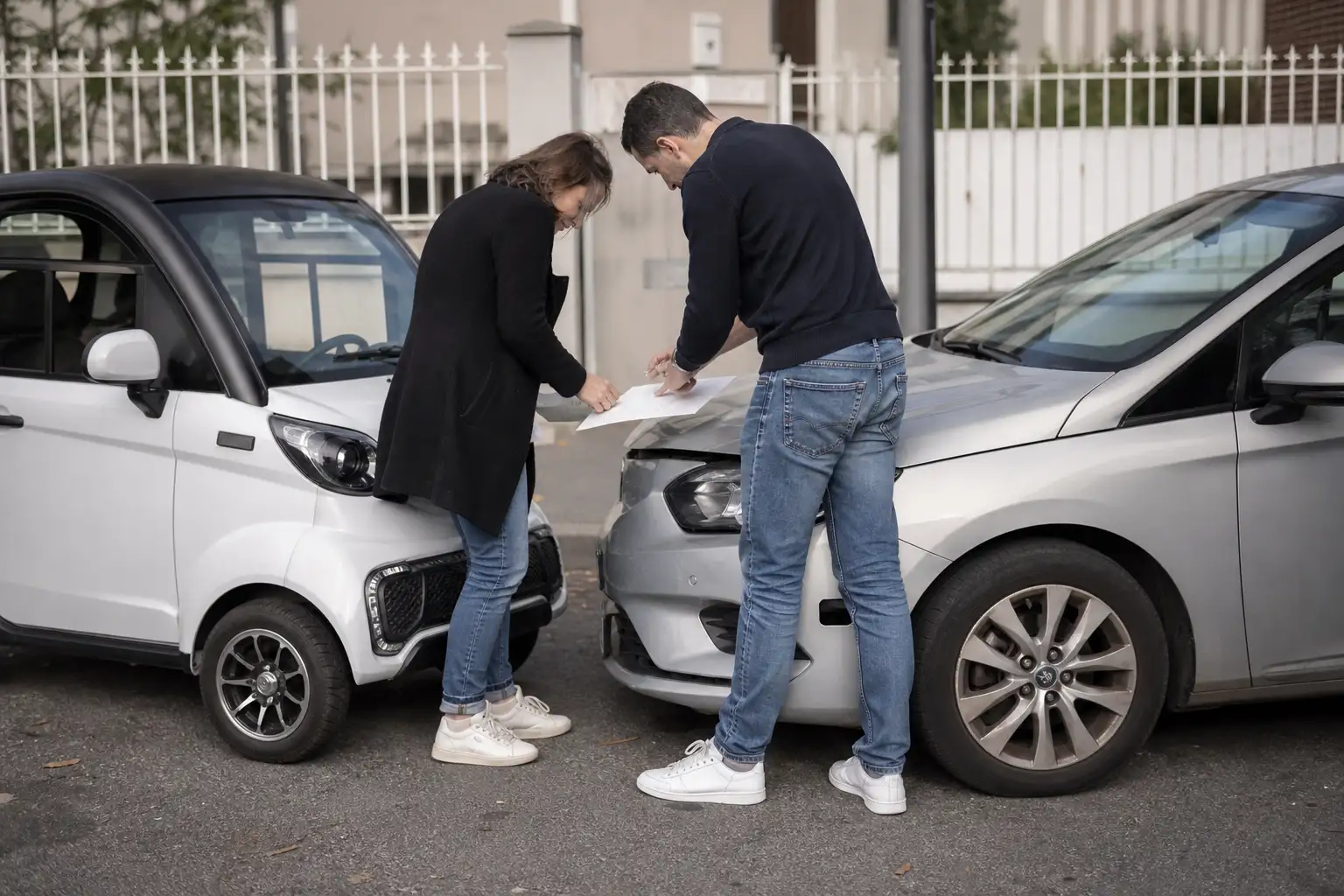 Deux conducteurs échangeant leurs coordonnées d'assurance après un accrochage entre une voiture sans permis et une autre voiture