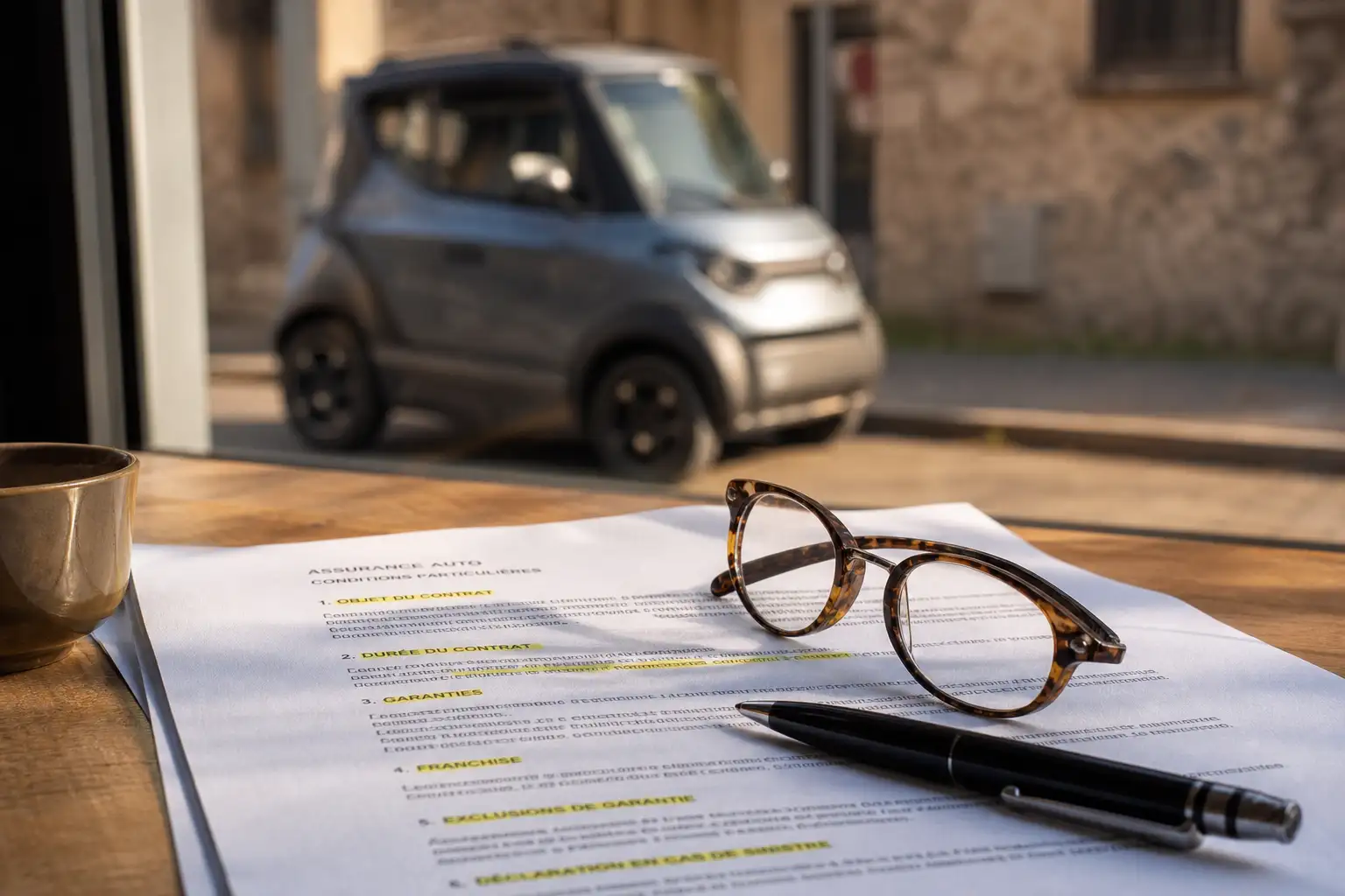 Personne consultant un contrat d'assurance annoté sur une table, voiture sans permis visible à travers une fenêtre en arrière-plan