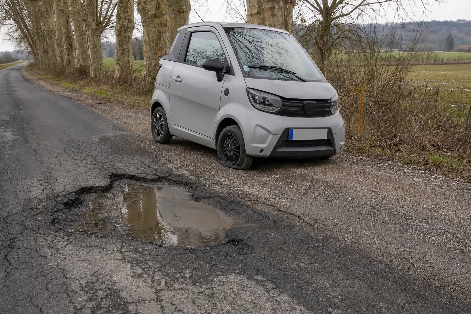 Voiture sans permis arrêtée sur le bas-côté d'une petite route départementale française, à côté d'un large nid-de-poule rempli d'eau