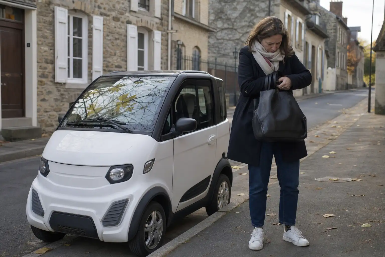 Personne fouillant son sac à côté d'une voiture sans permis garée dans une rue résidentielle française, à la recherche de ses clés