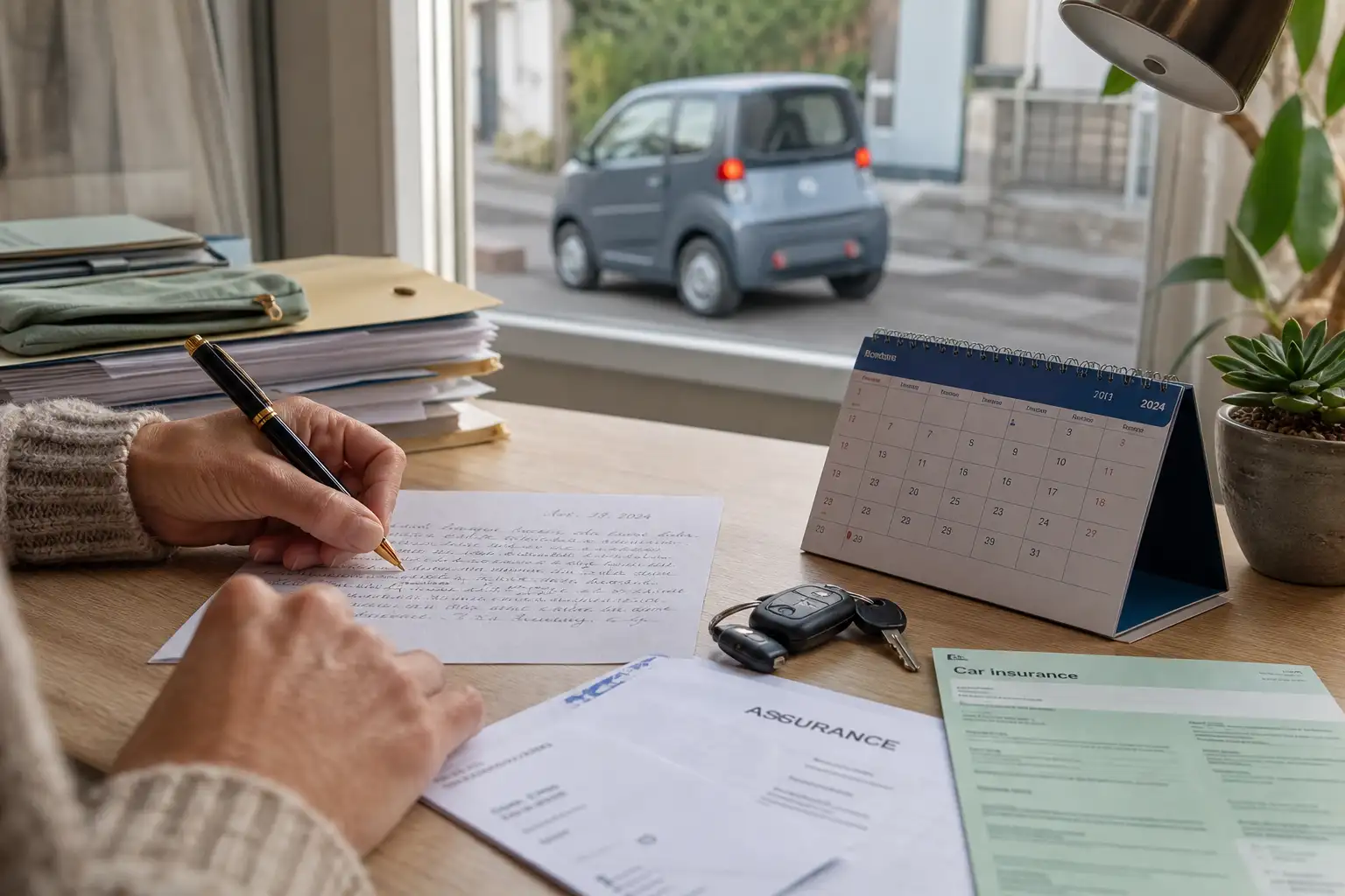 Personne consultant un dossier d'assurance et un calendrier sur une table, voiture sans permis visible à travers la fenêtre, ambiance de démarche administrative