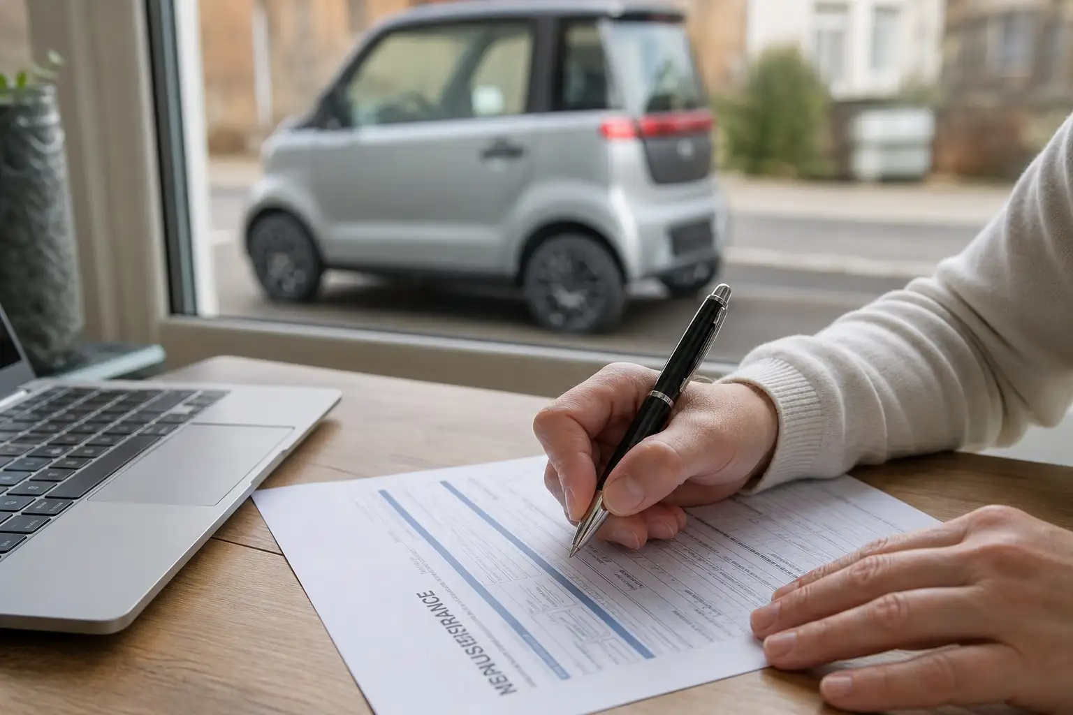 Personne remplissant un formulaire de souscription d'assurance sur un ordinateur portable, voiture sans permis visible à travers la fenêtre