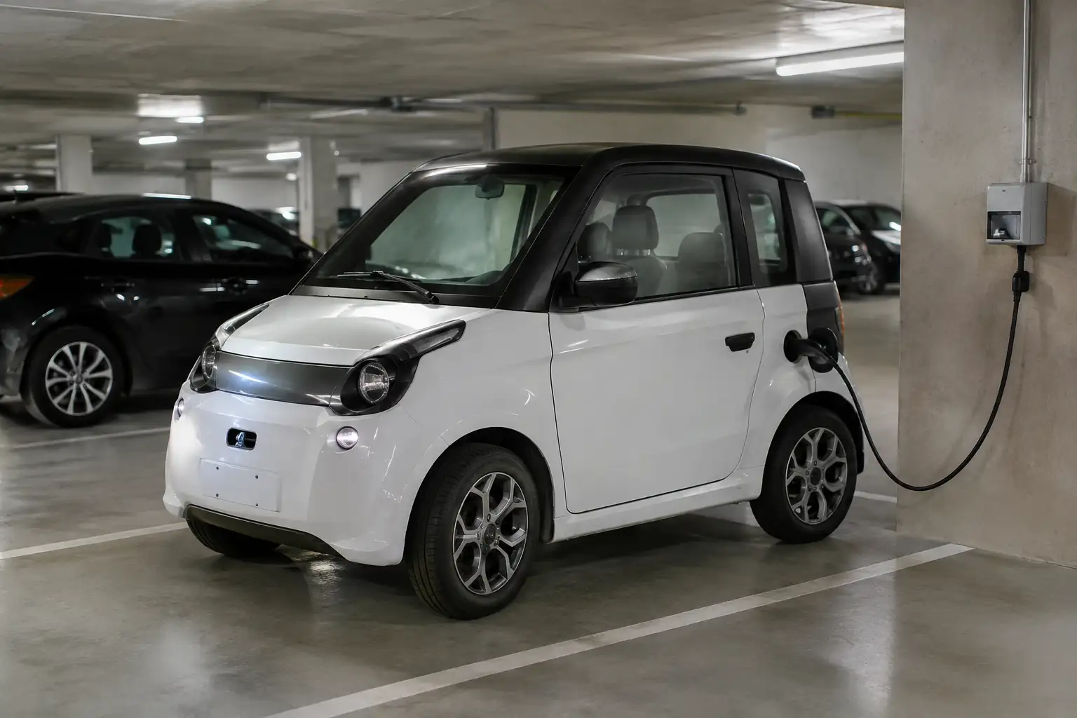 Petite voiture sans permis électrique branchée à une prise murale dans le parking souterrain d'un immeuble résidentiel français