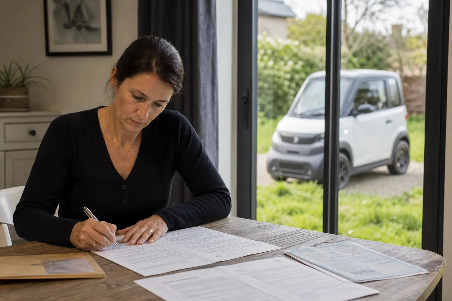 Personne rédigeant une lettre de réclamation à son bureau, enveloppe et documents d'assurance posés à côté, voiture sans permis visible par la fenêtre