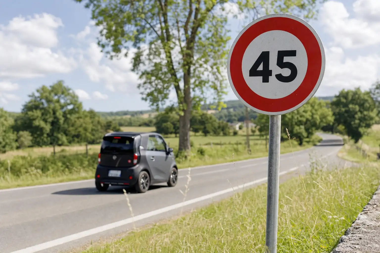 Voiture sans permis circulant sur une route départementale bordée de champs, panneau de signalisation au premier plan