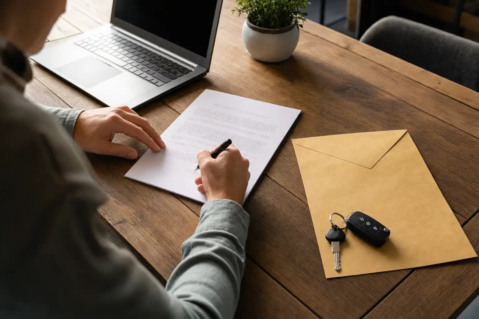 Conducteur attablé devant son ordinateur portable comparant des contrats d'assurance, sa voiture sans permis visible par la fenêtre
