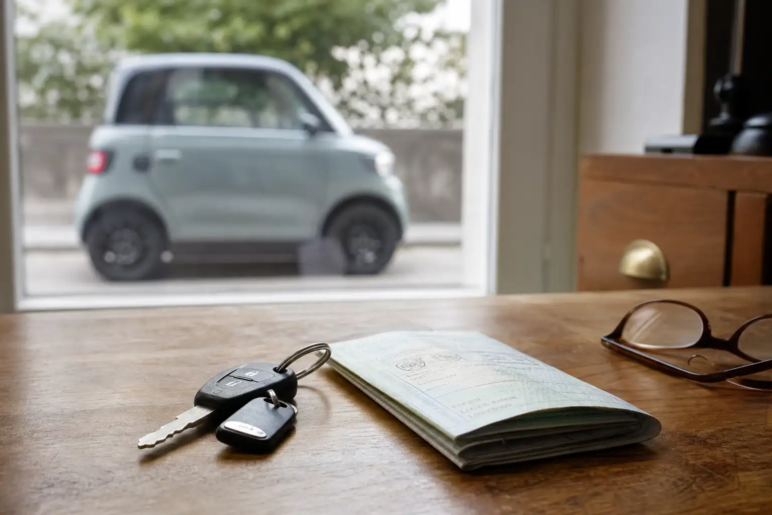 Dossier de succession posé sur une table avec des clés de voiture sans permis, ambiance calme et administrative
