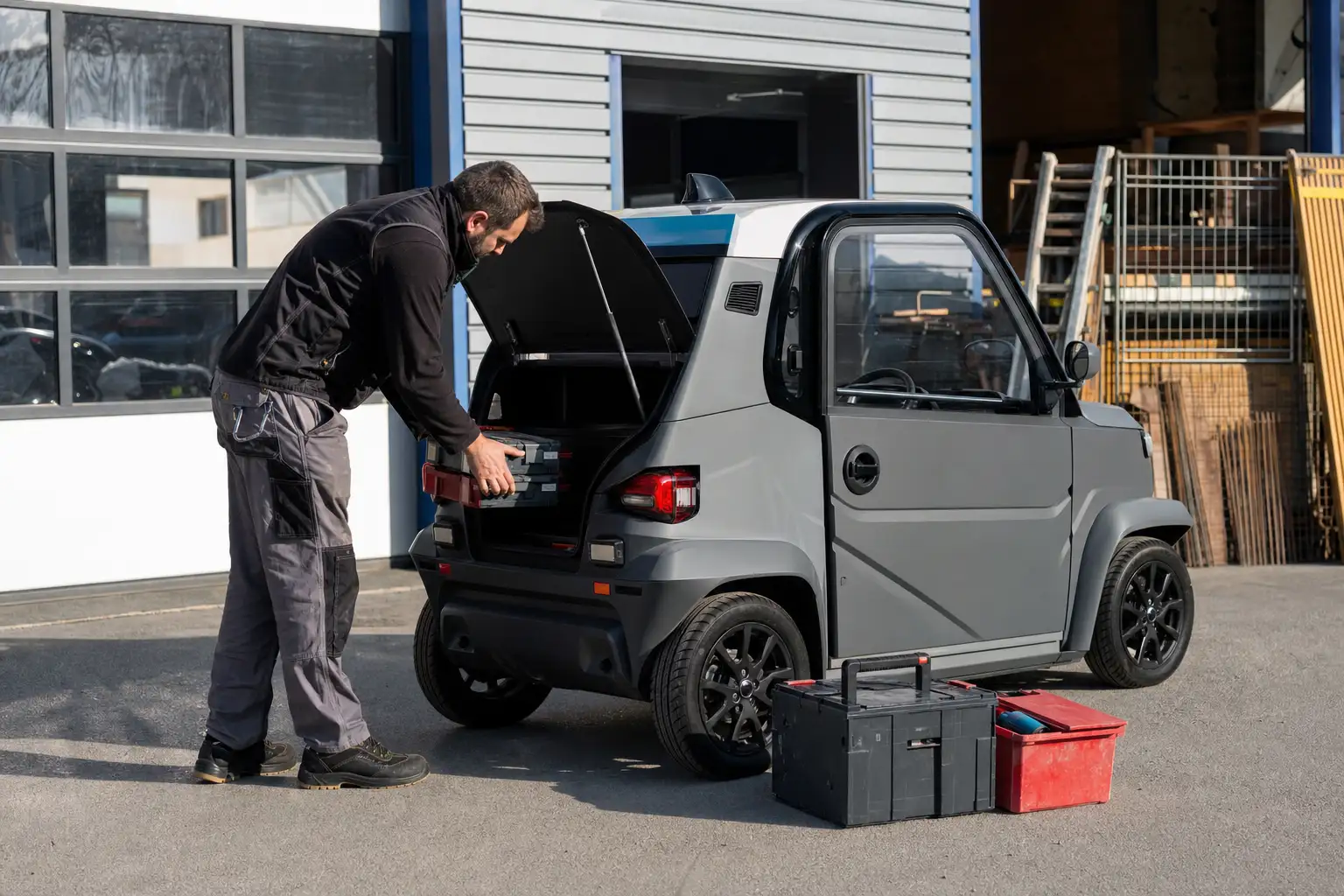 Artisan chargeant des outils dans le coffre utilitaire d'une voiture sans permis garée devant un commerce