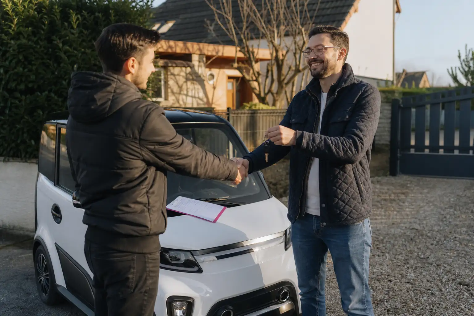 Vendeur et acheteur se serrant la main devant une voiture sans permis, certificat de cession posé sur le capot