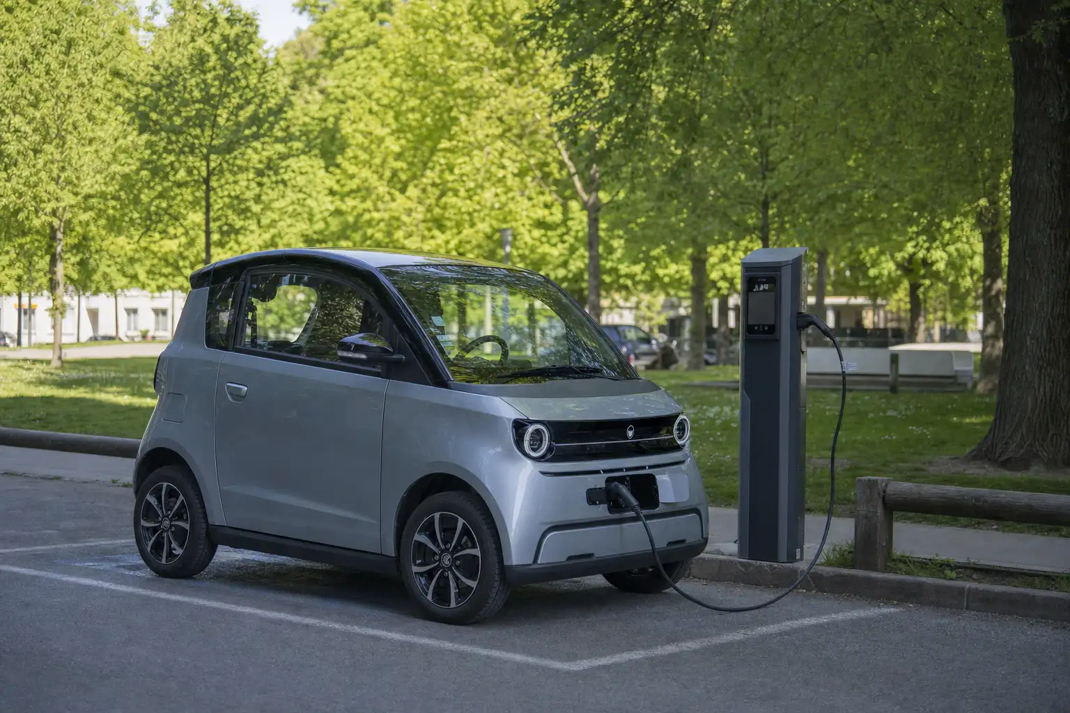 Voiture sans permis électrique branchée à une prise domestique devant un pavillon, câble de recharge au premier plan
