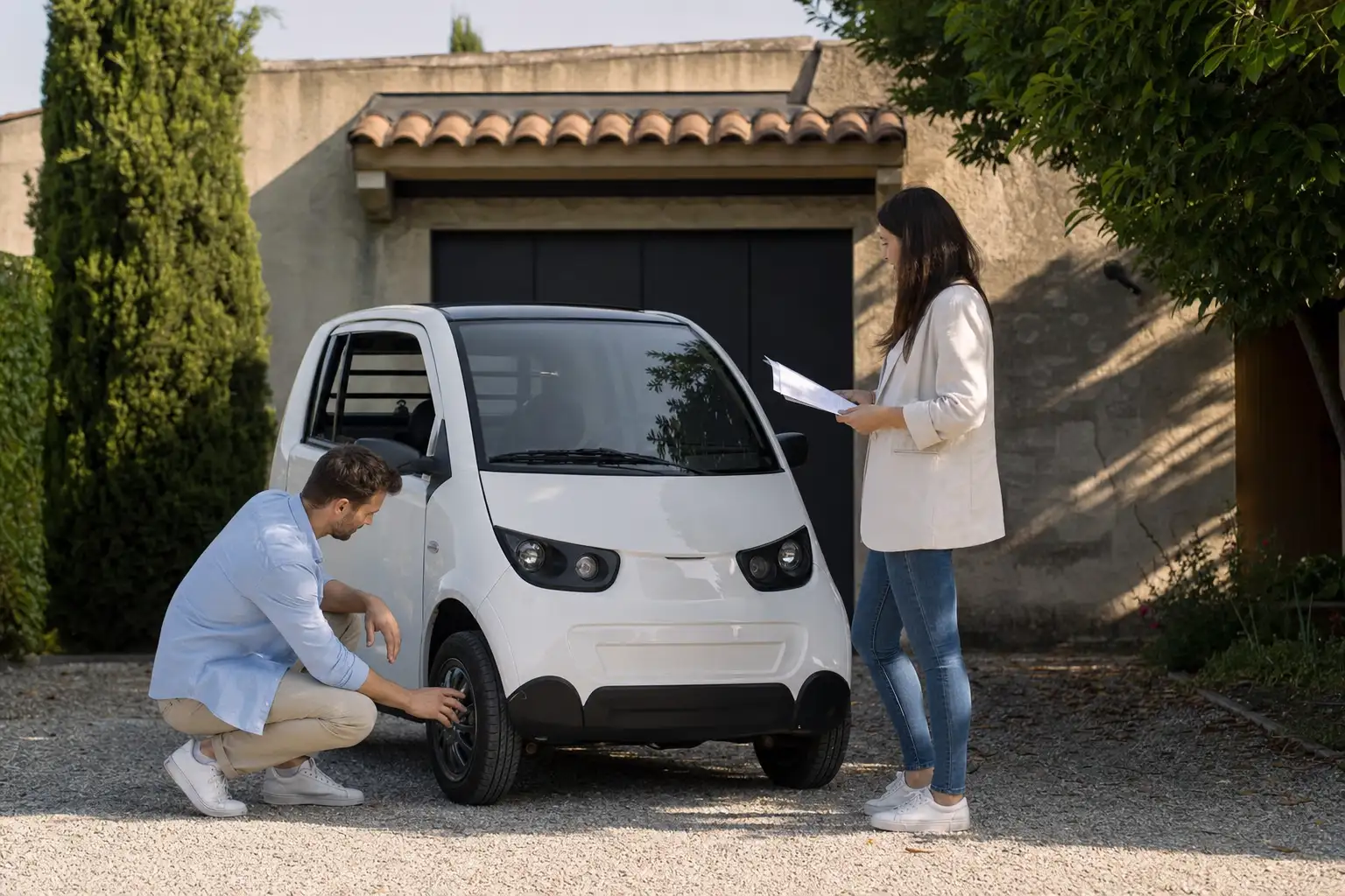 Couple inspectant une voiture sans permis d'occasion dans une allée, le vendeur présentant les documents du véhicule