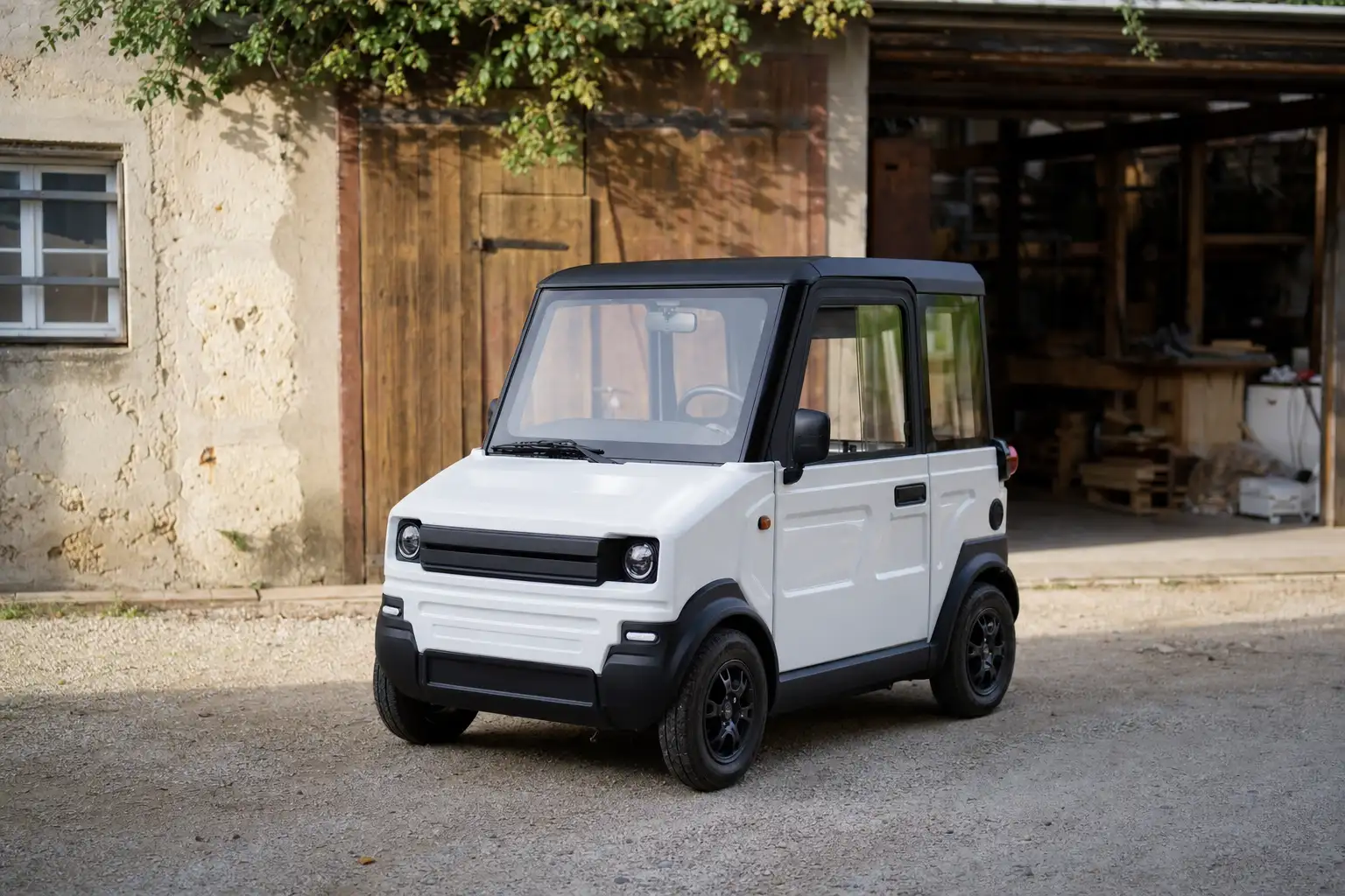 Voiturette Bellier stationnée devant un atelier de campagne, portes de garage en bois ouvertes