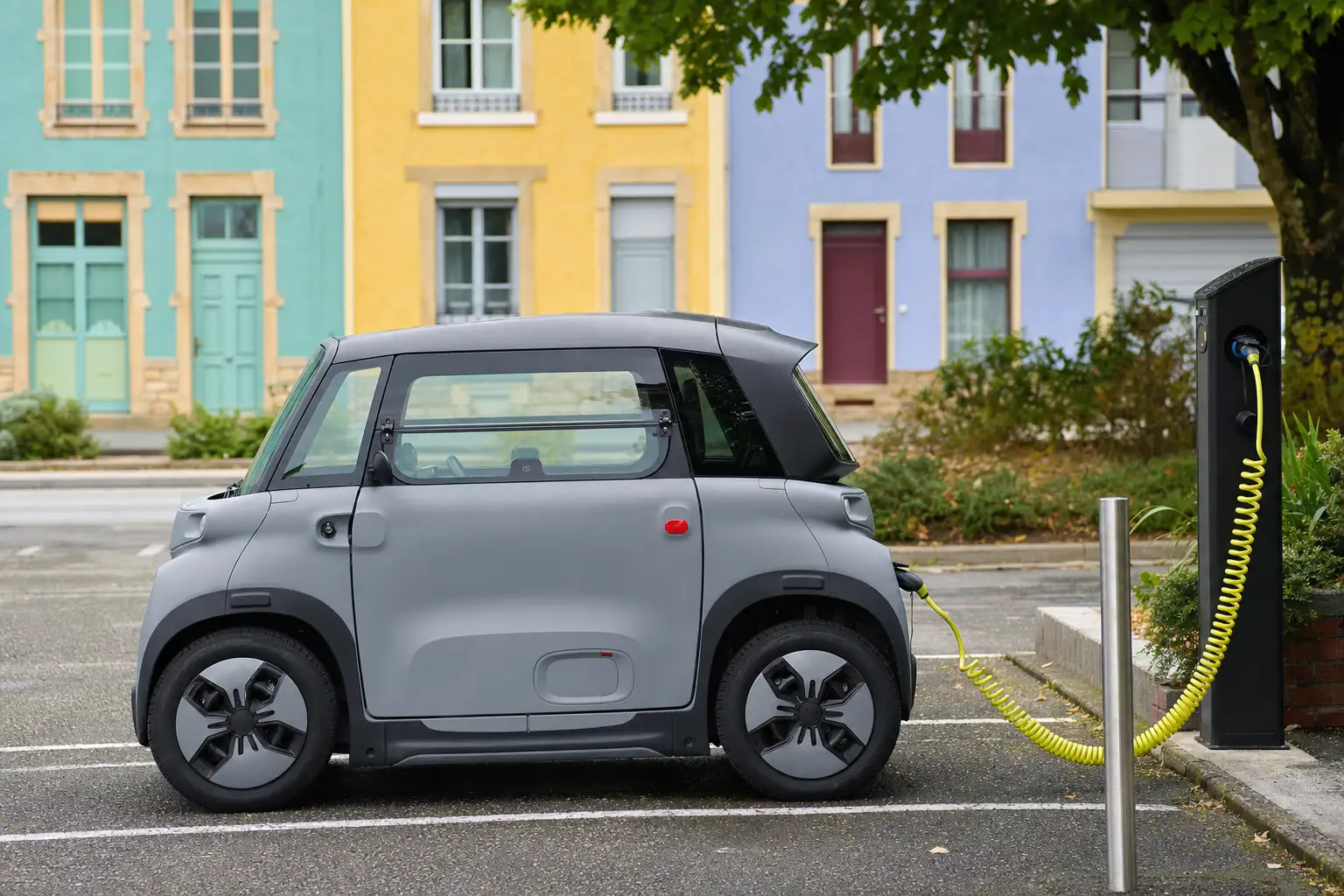 Citroën Ami en recharge sur une prise de rue, branchée par son câble devant un immeuble haussmannien