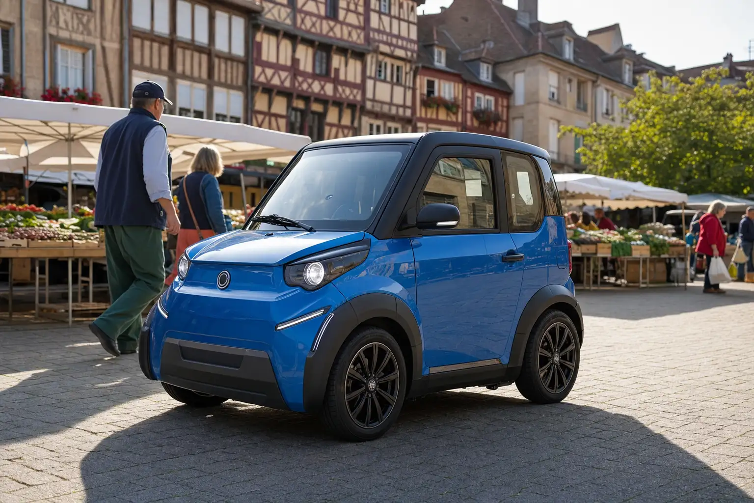 Voiturette Microcar compacte stationnée devant une maison de village, vue de profil
