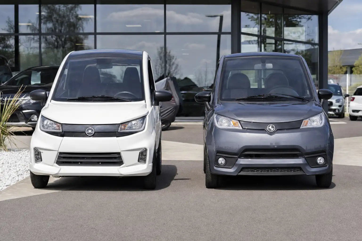 Rangée de voitures sans permis de différentes marques alignées sur le parc d'exposition d'un concessionnaire