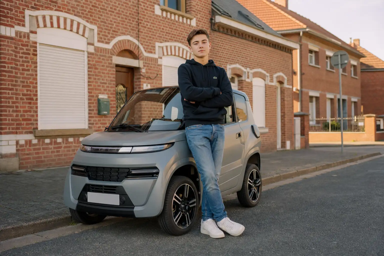 Adolescent au volant d'une voiture sans permis sur le parking d'un lycée, mains sur le volant et ceinture attachée