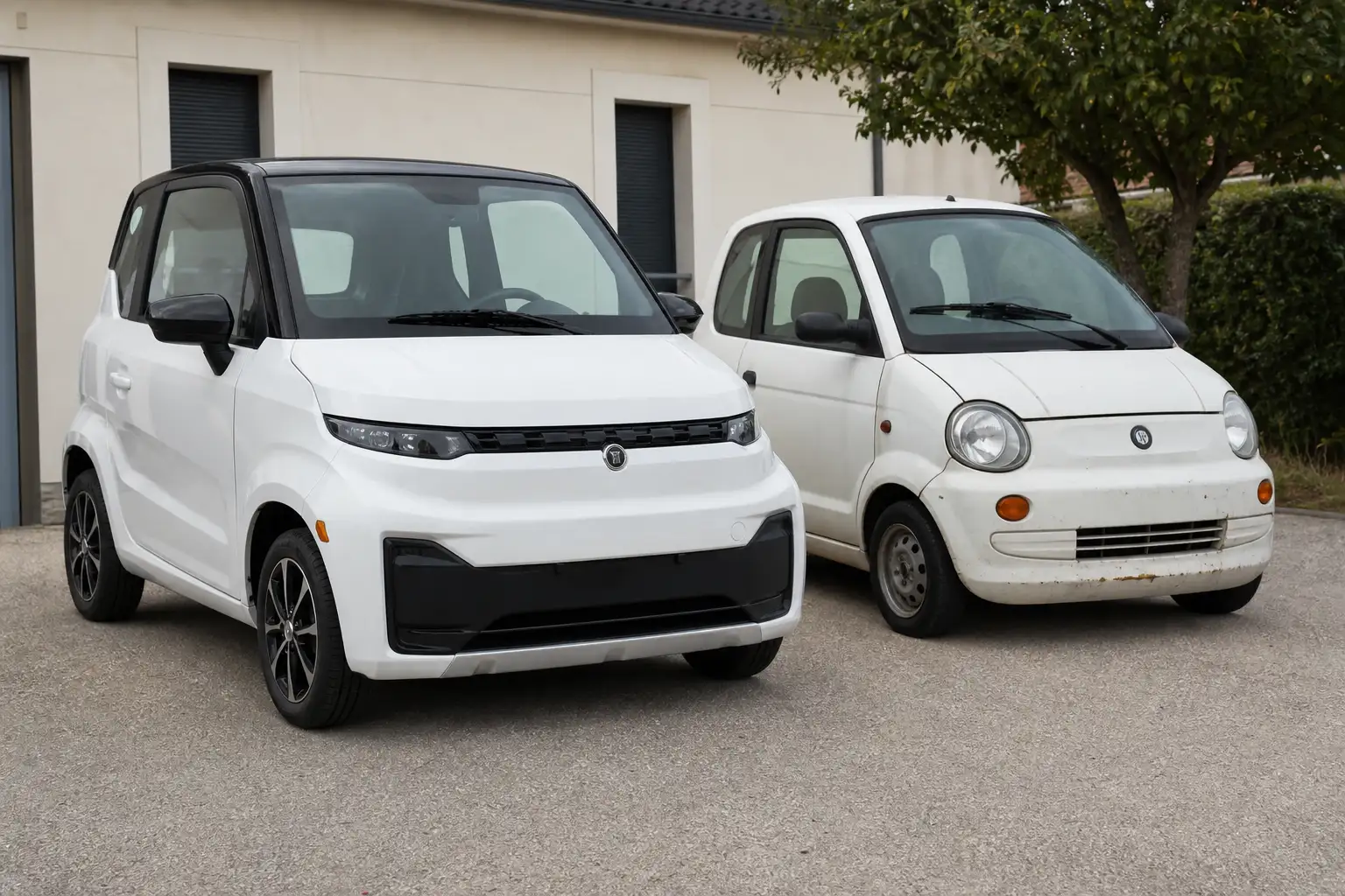 Deux voitures sans permis garées côte à côte, une récente et une plus ancienne, sur un parking résidentiel en lumière d'après-midi