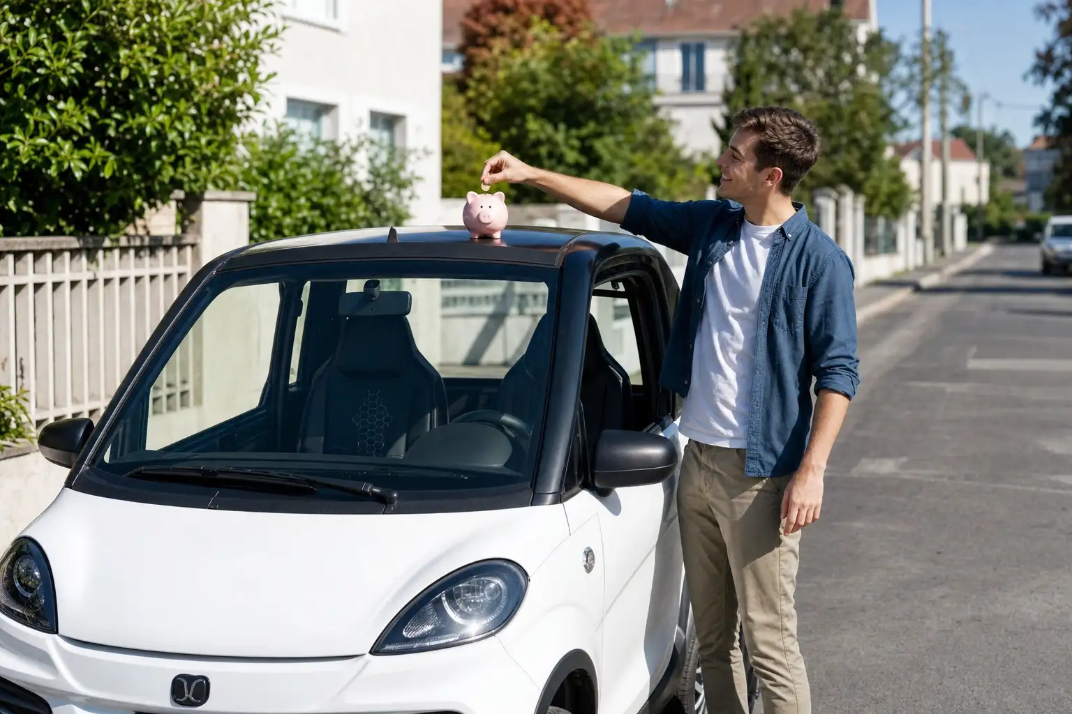 Propriétaire souriant tenant des documents d'assurance devant sa voiture sans permis garée dans une allée résidentielle