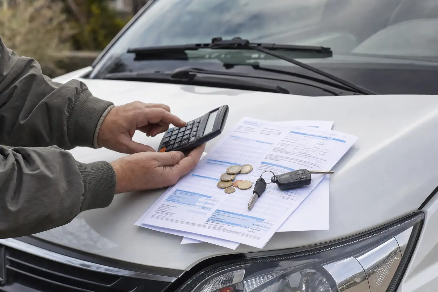 Conductrice comparant des devis d'assurance sur son ordinateur portable, sa voiture sans permis garée devant la maison