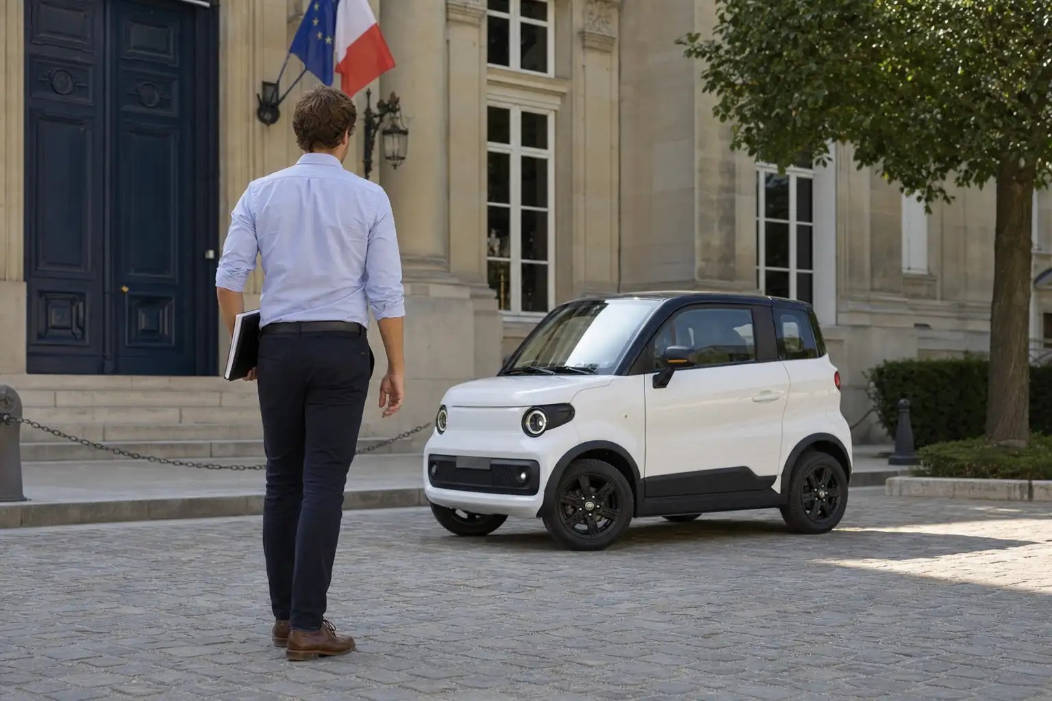 Voiture sans permis blanche stationnée devant un pavillon au petit matin, conducteur ouvrant la portière