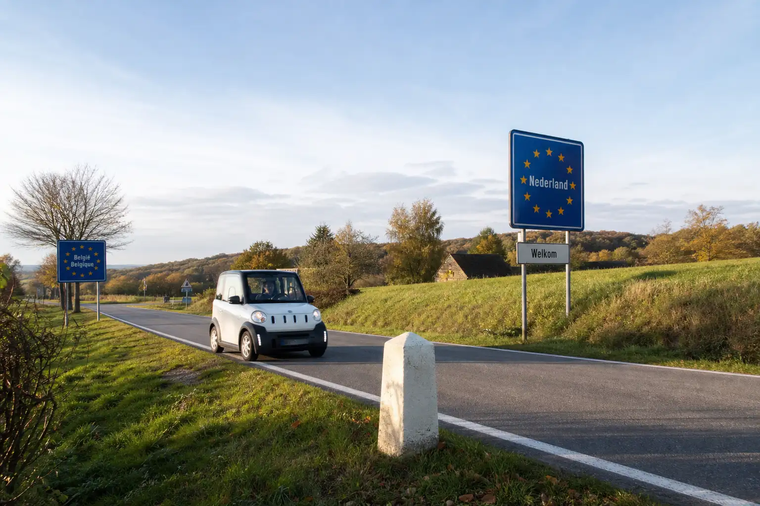 Voiture sans permis franchissant un poste-frontière européen discret, panneau routier bilingue visible en bord de route